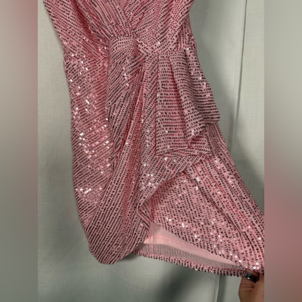 Double Crazy Light Pink Sequin Surplice Neck Mini Dress Size Medium - Picture 6 of 9